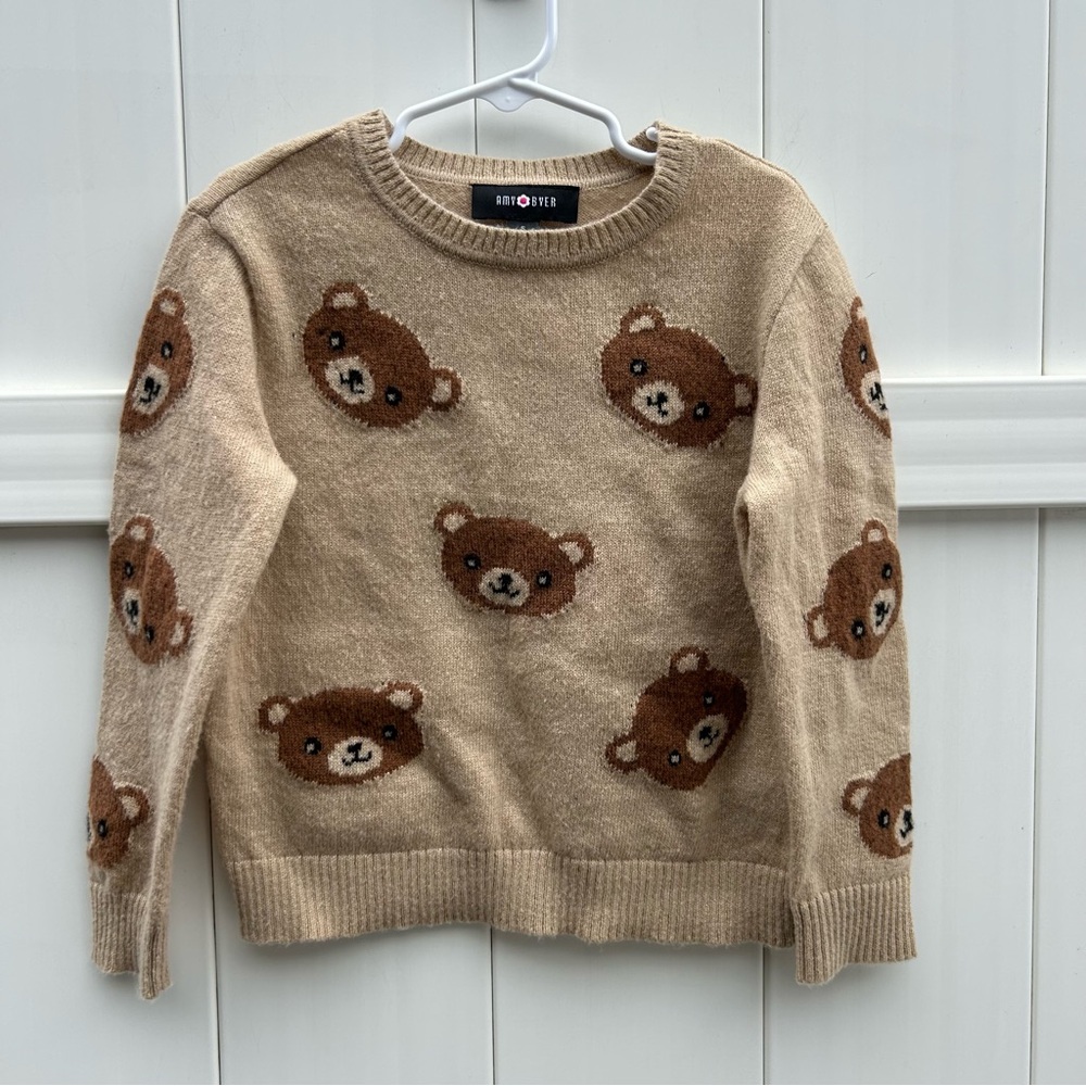 Amy Byer Beige Teddy Bear Crewneck Sweater | Little Girls Size 5